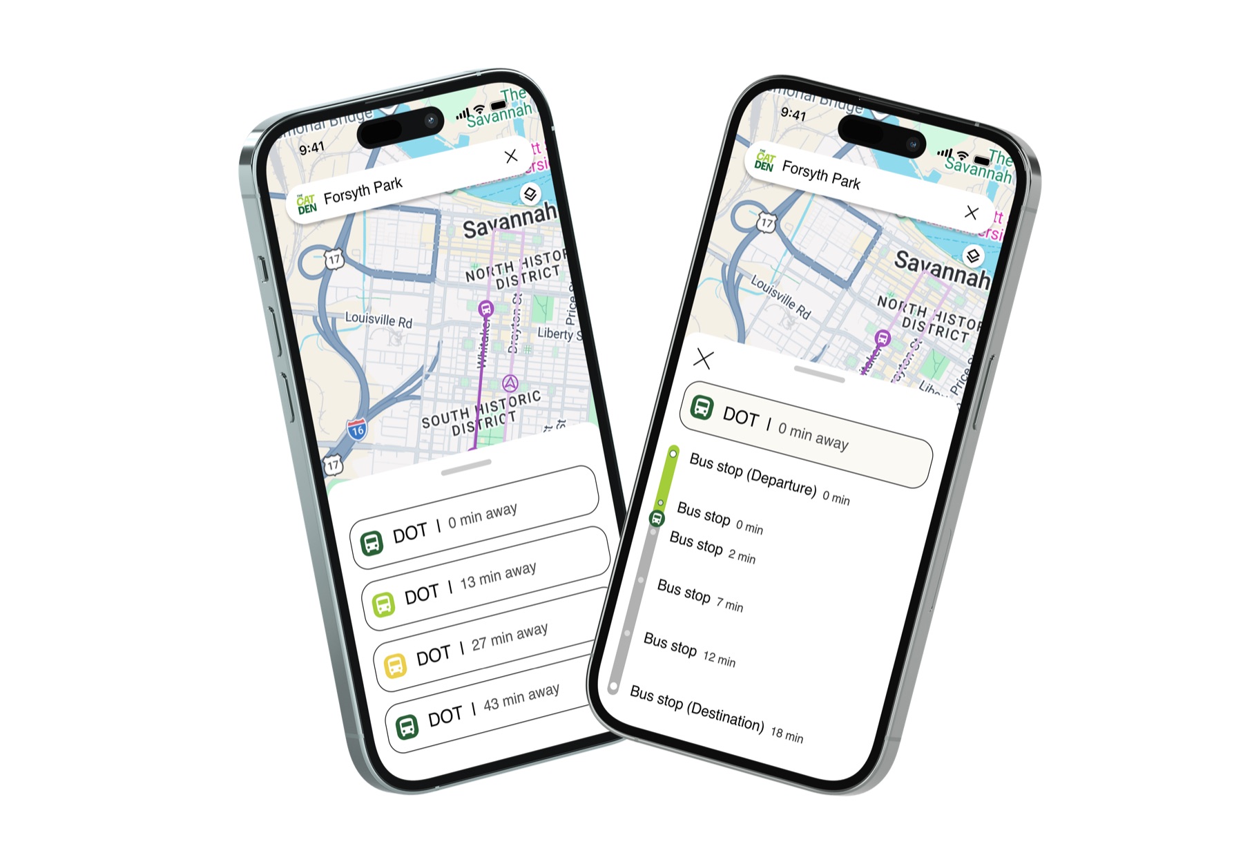 Two phones showing nearby buses and a stop-by-stop route