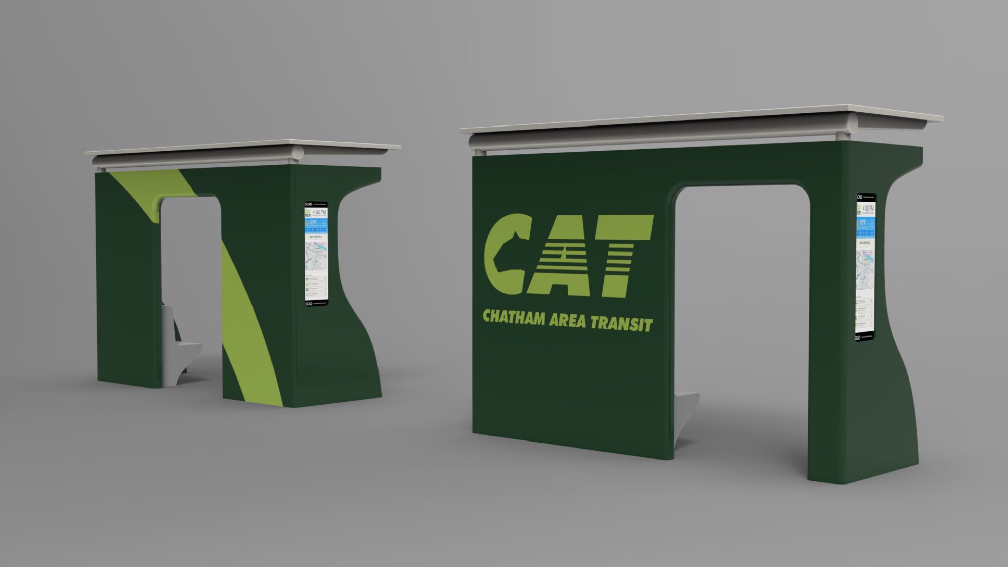 Back view of the shelters with CAT branding