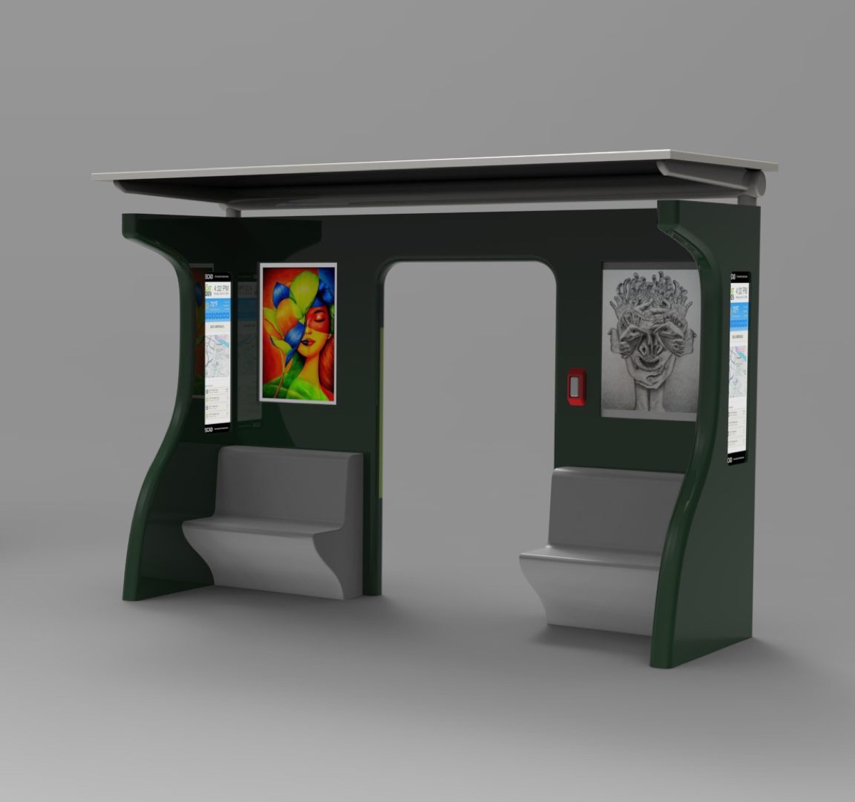 Render of a green CAT Den bus shelter with seating and display screens