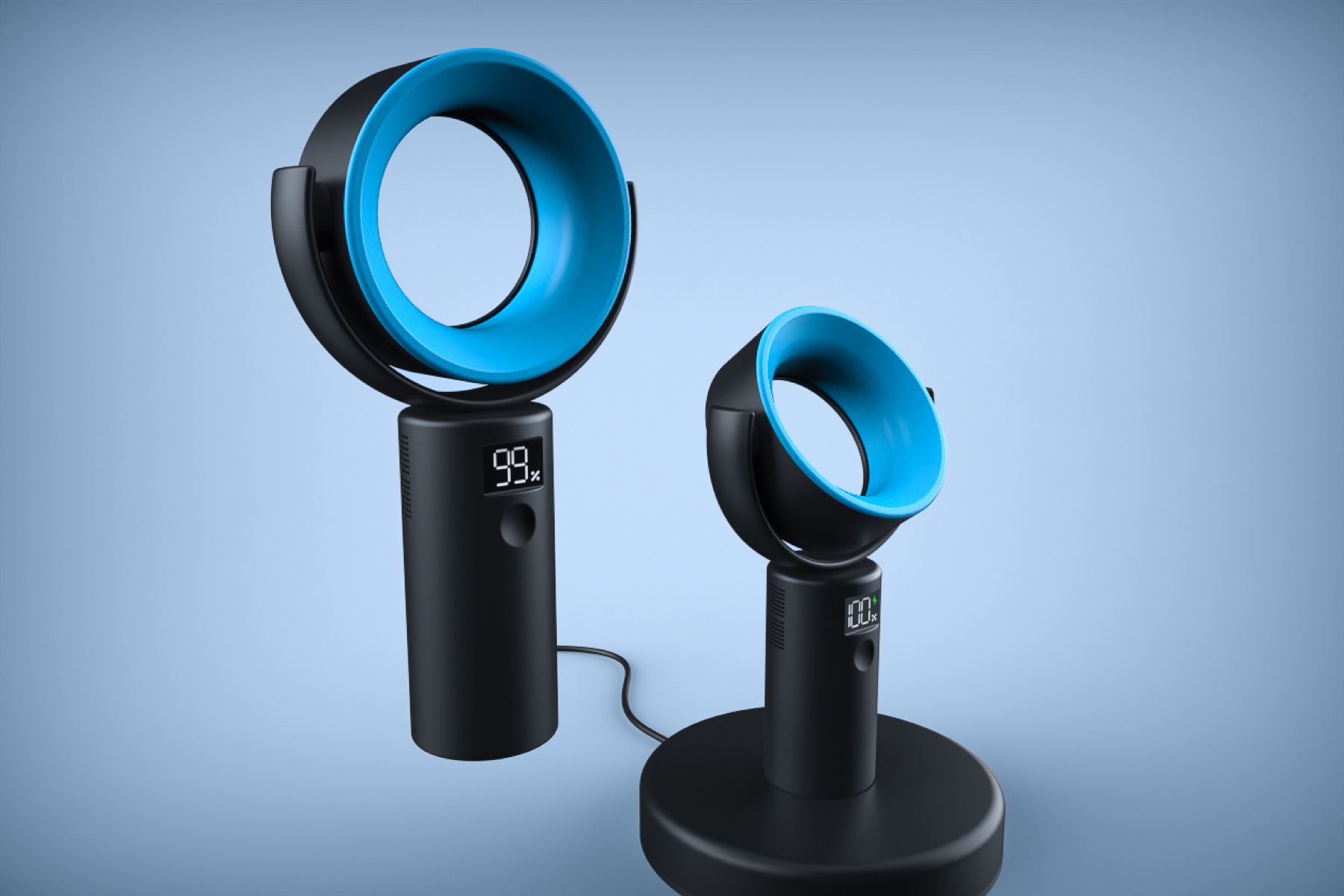 Two black and blue bladeless fans, one on its round charging base