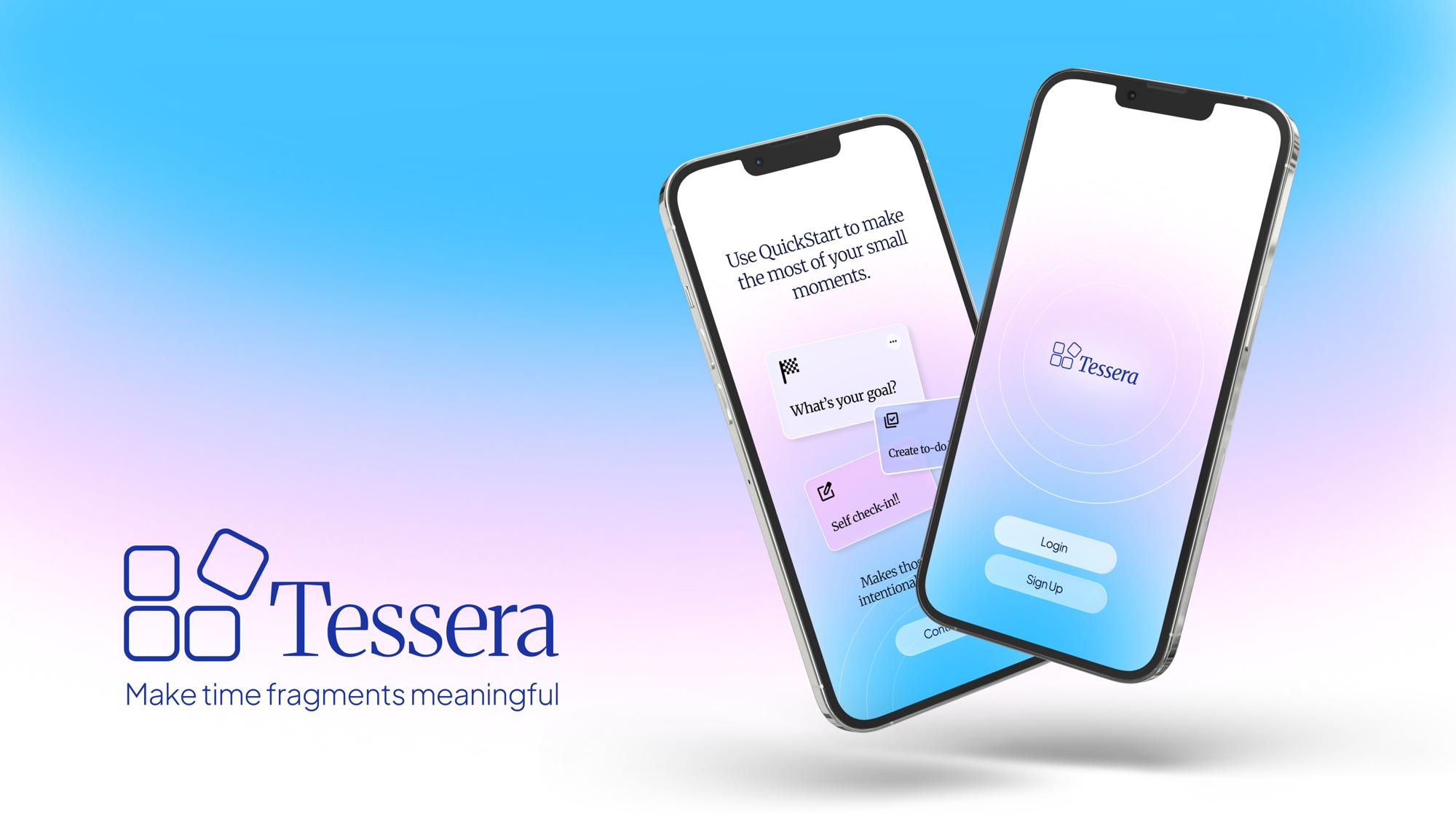 Tessera logo beside two phones showing onboarding screens