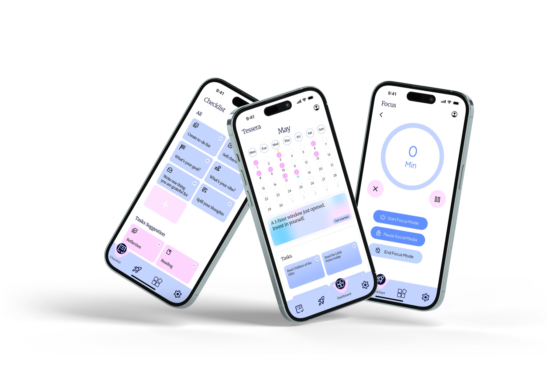 Three phones showing the main Tessera screens