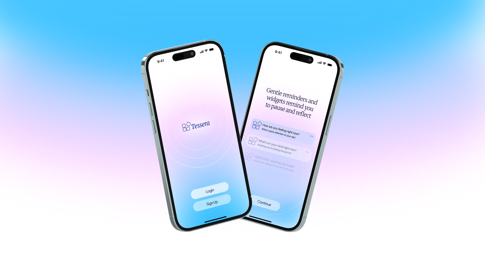 Two phones showing the Tessera login and onboarding screens