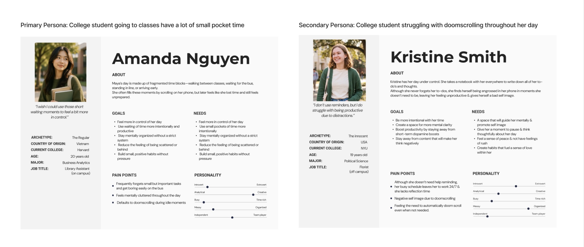 Two personas, Amanda Nguyen and Kristine Smith, both college students