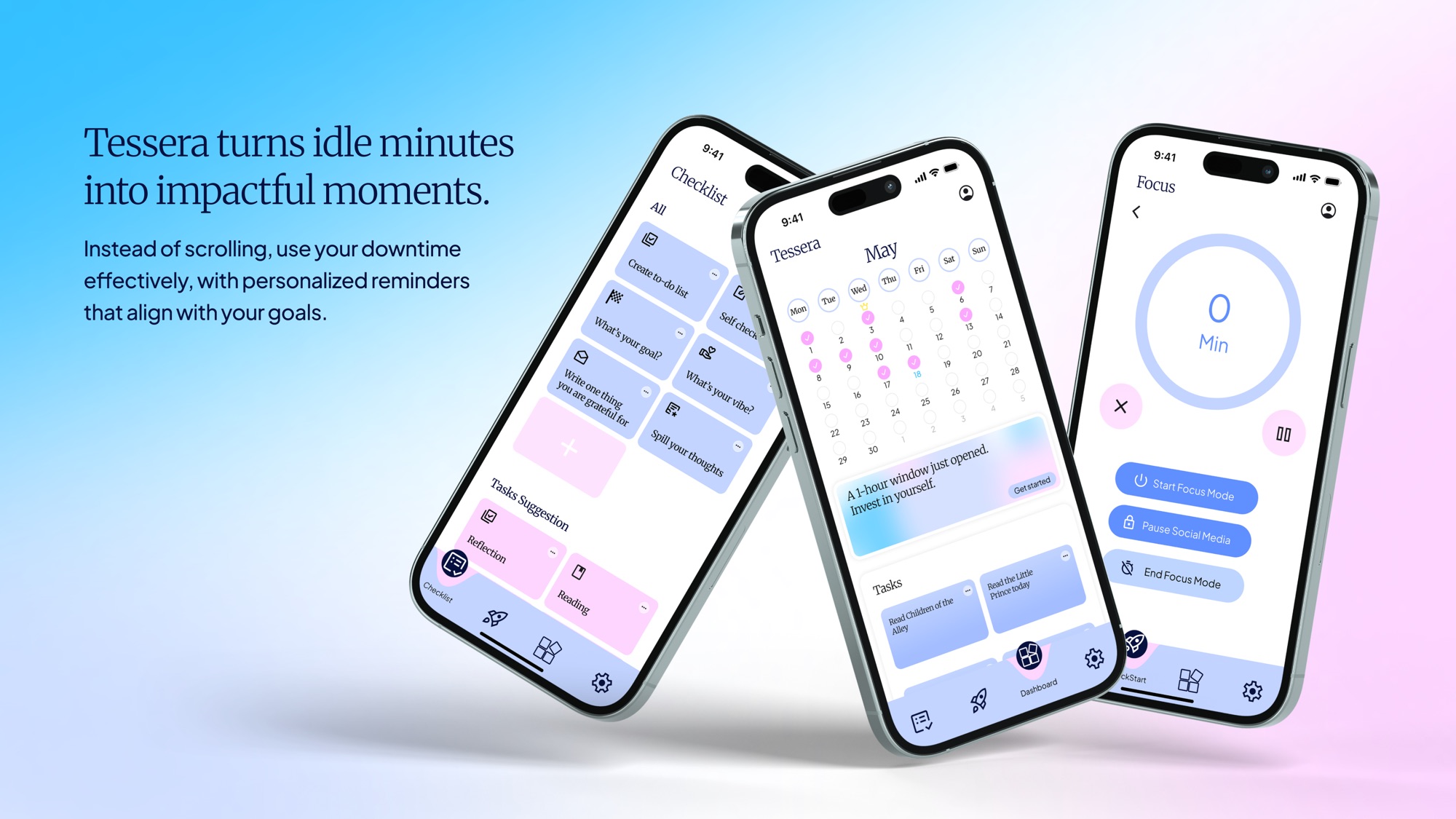 Three phones showing the checklist, calendar, and focus screens