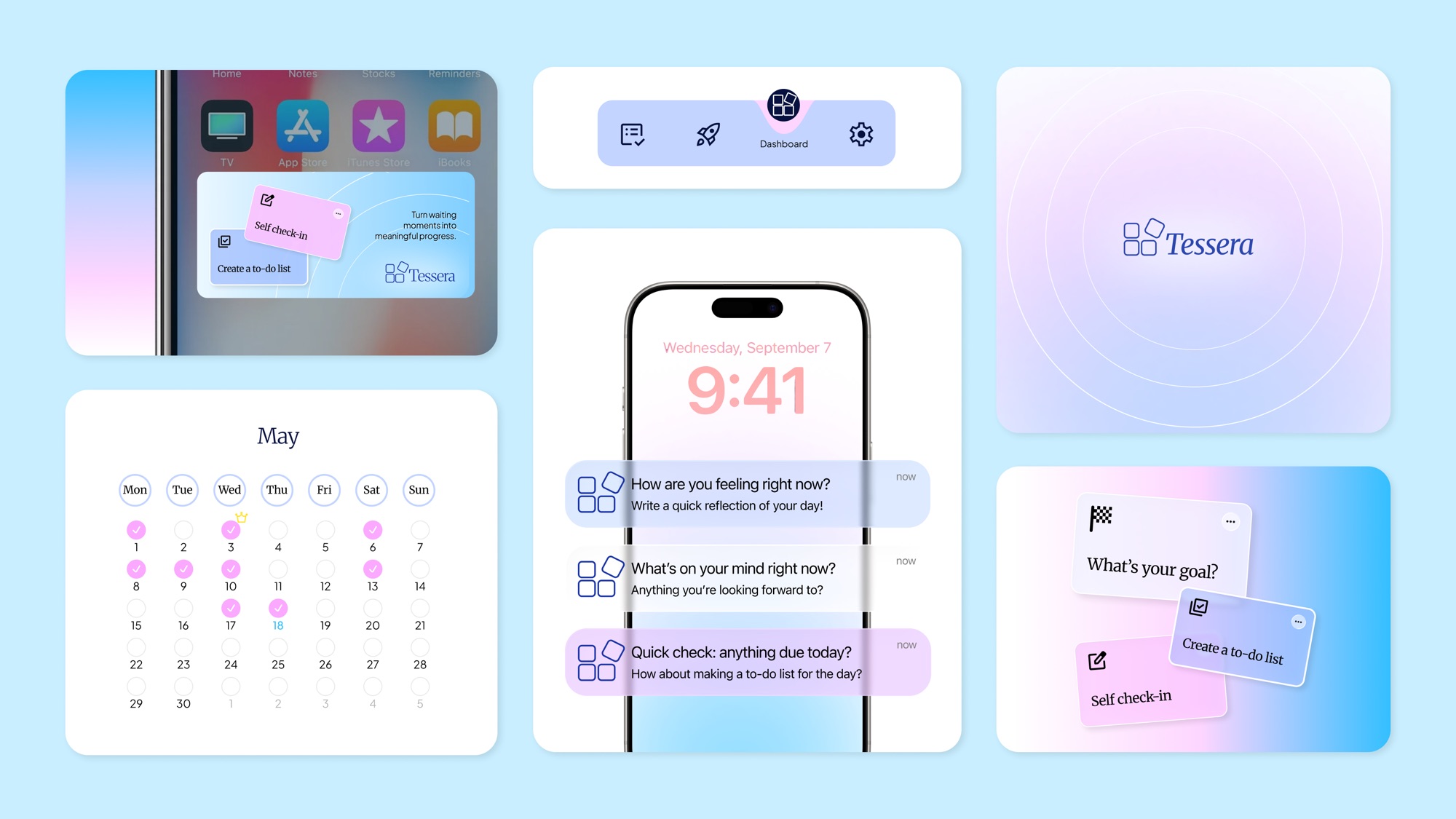 Tessera widget, lock screen notifications, calendar, and QuickStart cards