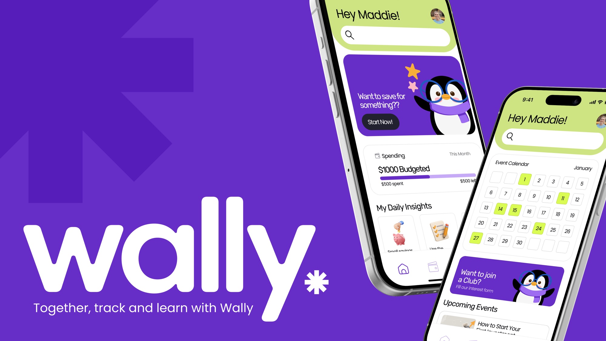 Wally logo beside two phones showing the app dashboard and event calendar